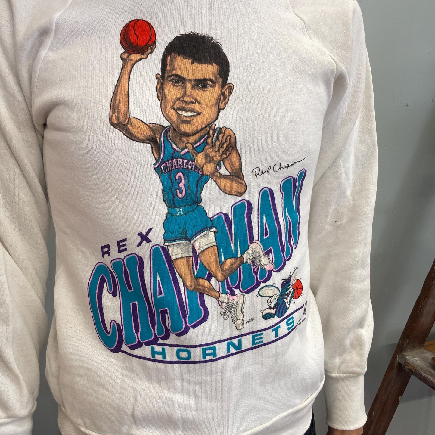 vtg 80s REX CHAPMAN SWEATSHIRT // vintage basketball hornets crewneck small stain retro kids charolette nba big head old school merch