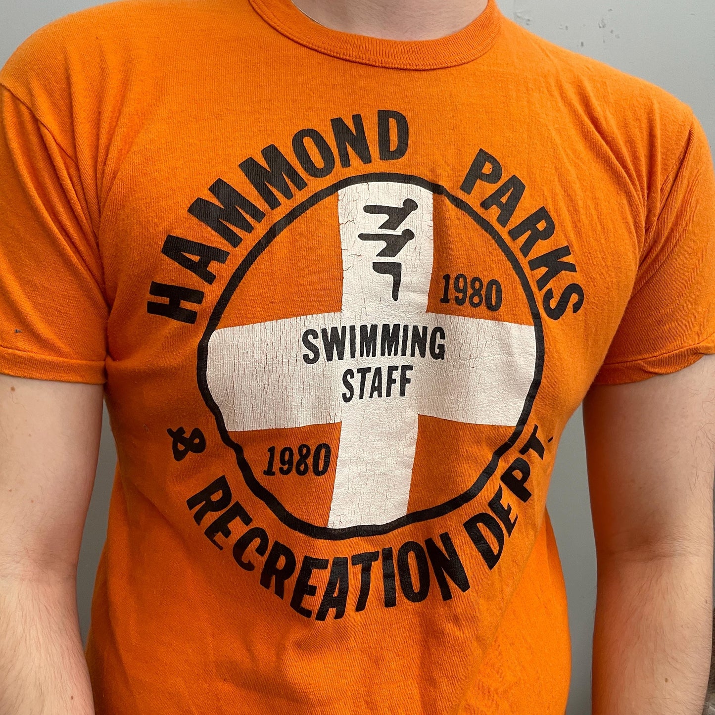 vtg 70s SWIMMING TSHIRT // vintage tee russell orange instructor life guard ocean bay watch college school swim team cross medic saftey