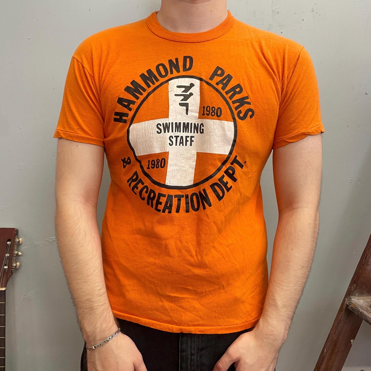 vtg 70s SWIMMING TSHIRT // vintage tee russell orange instructor life guard ocean bay watch college school swim team cross medic saftey