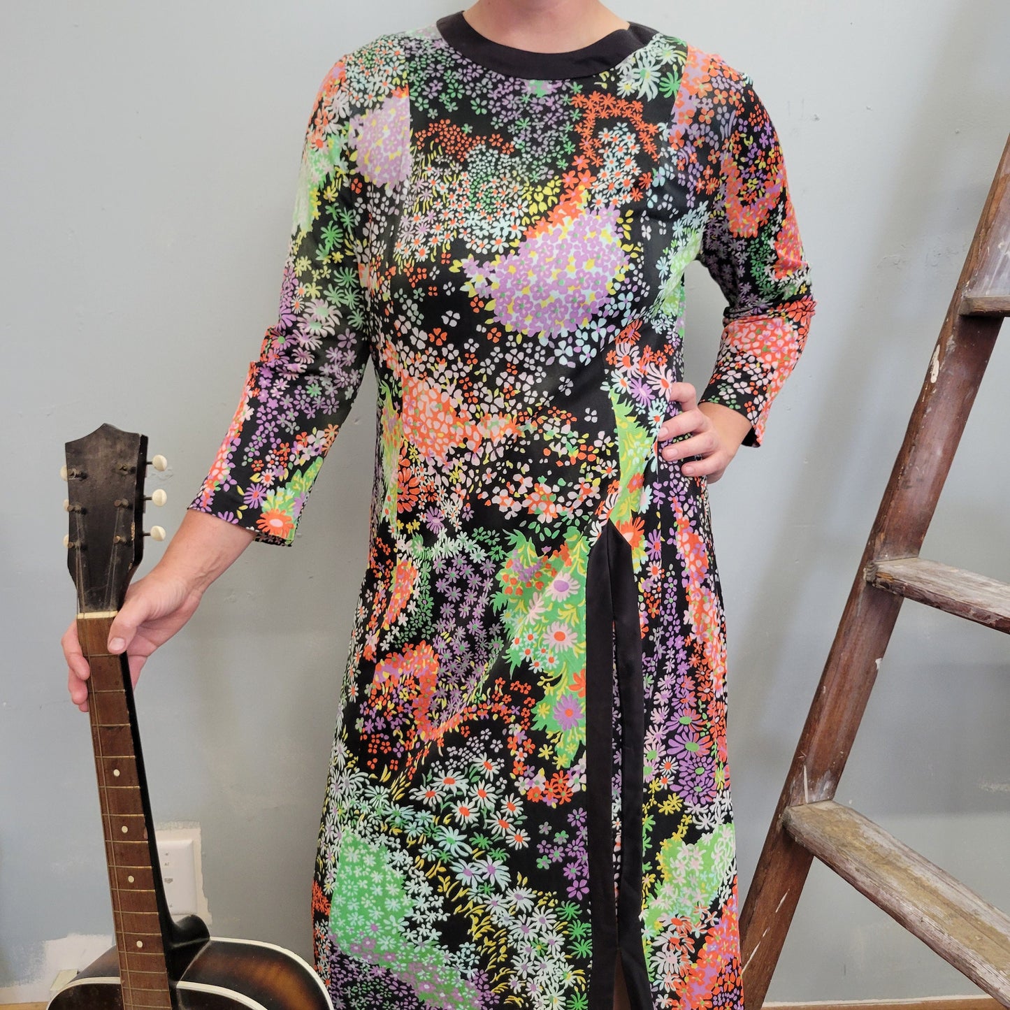 vtg 70s PSYCHEDELIC MAXI DRESS // high thigh slit flower power mod retro patchwork groovy hostess party full length bright neon funky hippie