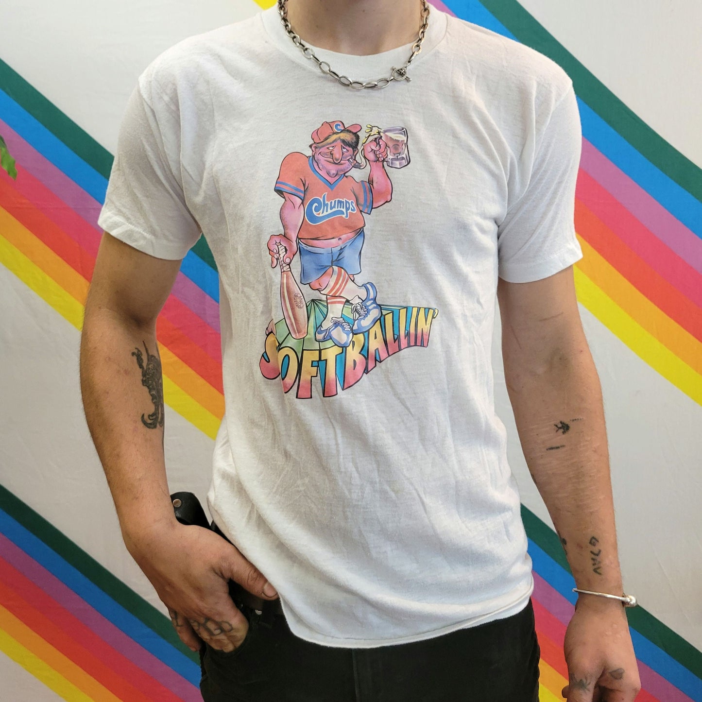 vtg 70s ROACH SOFTBALL TSHIRT // vintage iron on art print ballin baller baseball sports athletic true yellow thin summer style campy tee