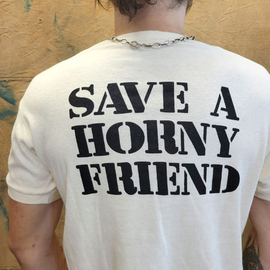 vtg 80s SAVE a HORNY FRIEND tshirt // vintage single stitch rhino survival zimbabwe africa safari spring break thin perfect style outback