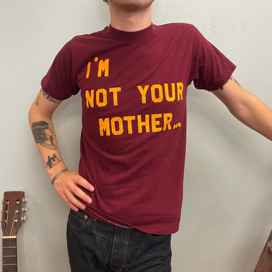 vtg 80s NOT YOUR MOTHER tshirt // vintage message statement text meme childrens book snort kids 70s fashion style trend burgandy slim tee