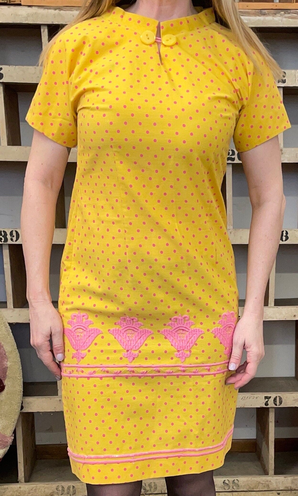 vtg 60s YELLOW POLKA DOT bright pink midi dress // embroidery sheath dress easter cotton pastel mini mod cute cartoon print summer fair sea