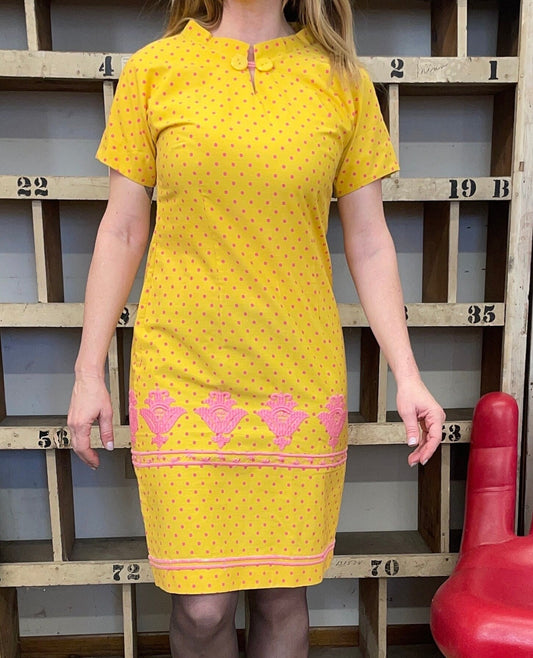 vtg 60s YELLOW POLKA DOT bright pink midi dress // embroidery sheath dress easter cotton pastel mini mod cute cartoon print summer fair sea