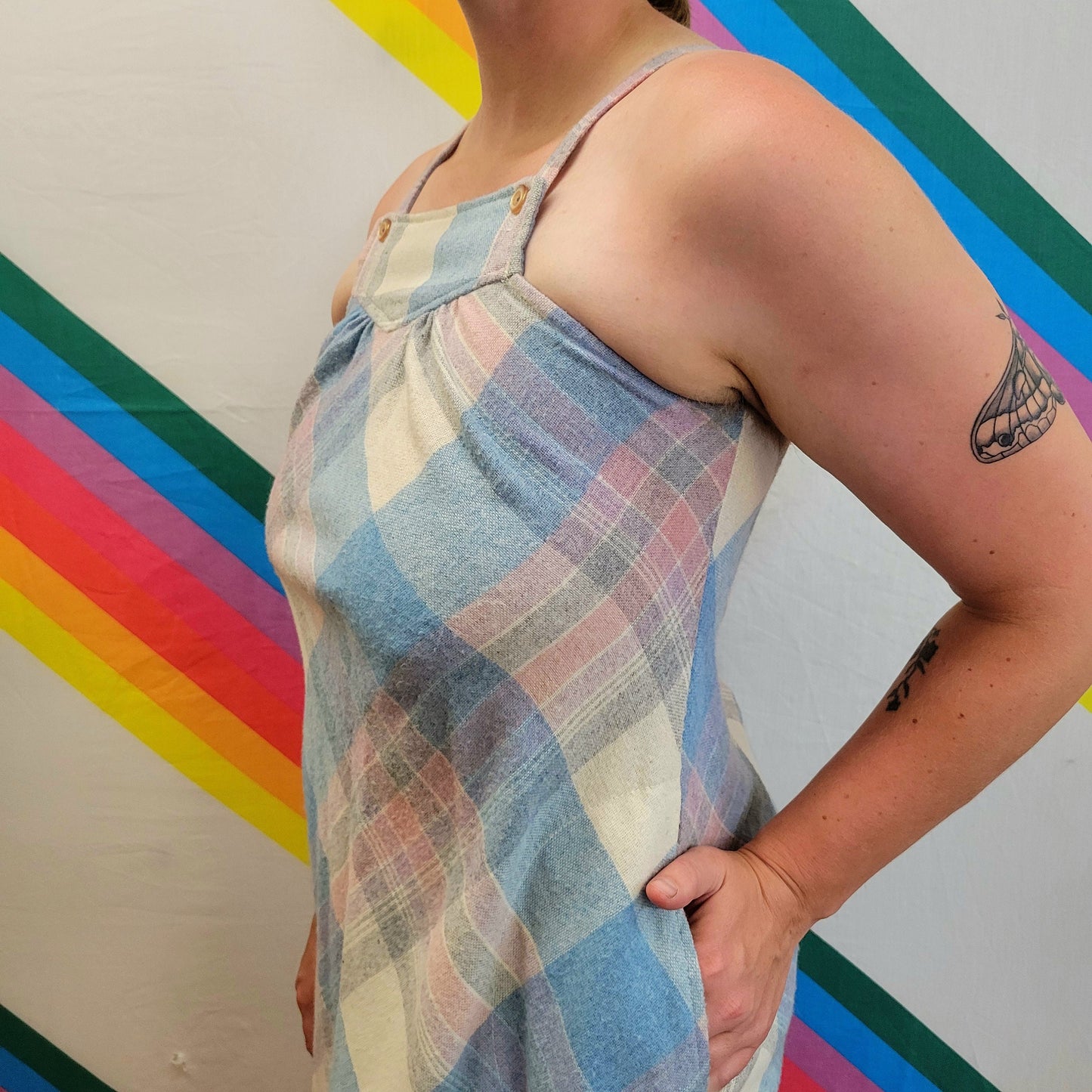 vtg 70s PLAID PINAFORE DRESS // Size 7 pastel plaid overall dress with pockets jackie that 70s show autumn layering piece day sun dress