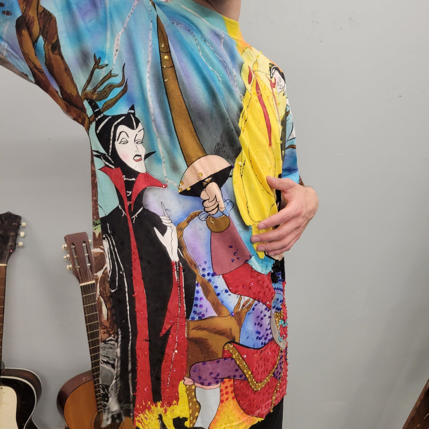 vtg 90s DISNEY VILLAINS SHIRT // maleficent sleeping beauty captain hook peter pan jou jou all over print neon beaded watercolor xl t shirt