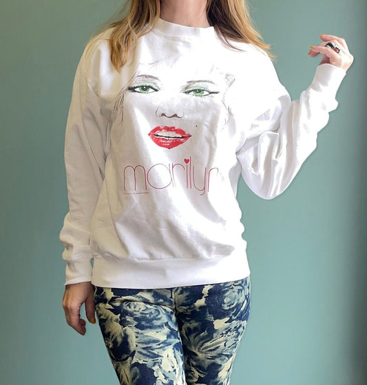 vtg 80s MARILYN MONROE SWEATSHIRT // big face aop sexy lips museum eyelashes jfk pin up 50s beauty pop art andy warhol art print limited