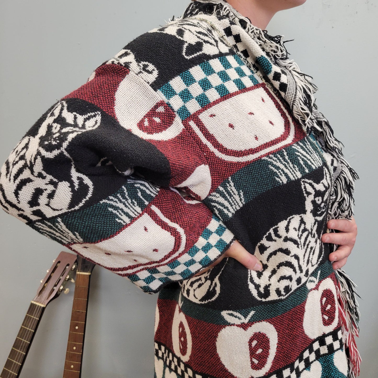 vtg 80s PATTERNED CAT CARDIGAN // cute afghan fringe sweater shaggy oversized teacher core all over print checkered apples warm knit jacket