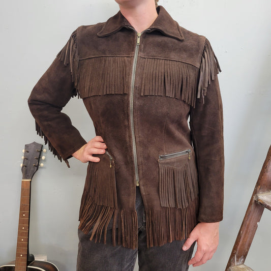 vtg 70s BUCKSKIN FRINGE TASSLE jacket // chocolate brown suede zip up hippie western ranch style motorcycle easy rider woodstock era leather
