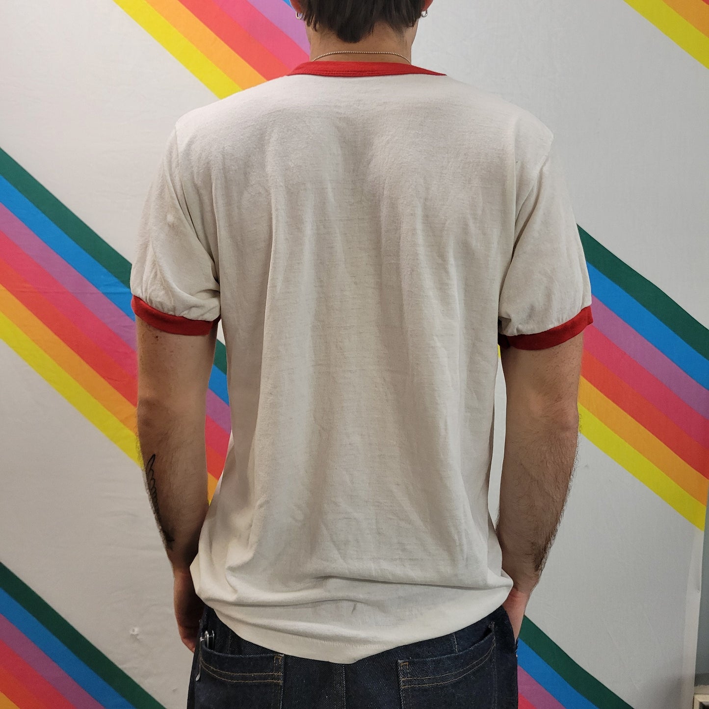 vtg 70s RUN WITH the CAT set ringer tee // vintage runner track athletic camp school mascot graphic thin distressed perfect summer tshirt