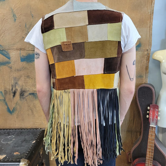 vtg 70s PATCHWORK FRINGE VEST // vintage psychedelic multicolor suede squares long tassel fringe Woodstock era cropped Jimi Hendrix rocker