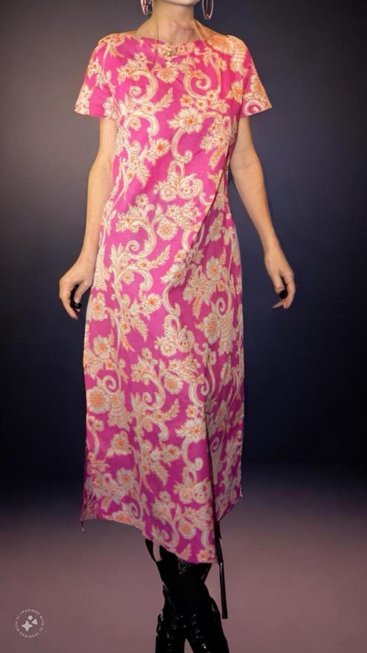 vtg 70s FUCHSIA VINES FLORAL Dress // full length fancy party maxi flower power psychedelic flowy bright pink hippie mod hostess Halloween