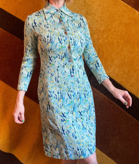 vtg 60s MOD PSYCHEDELIC SHIFT Dress // vintage blue & yellow abstract print parkshire button up midi pointy collar polyester retro ice queen