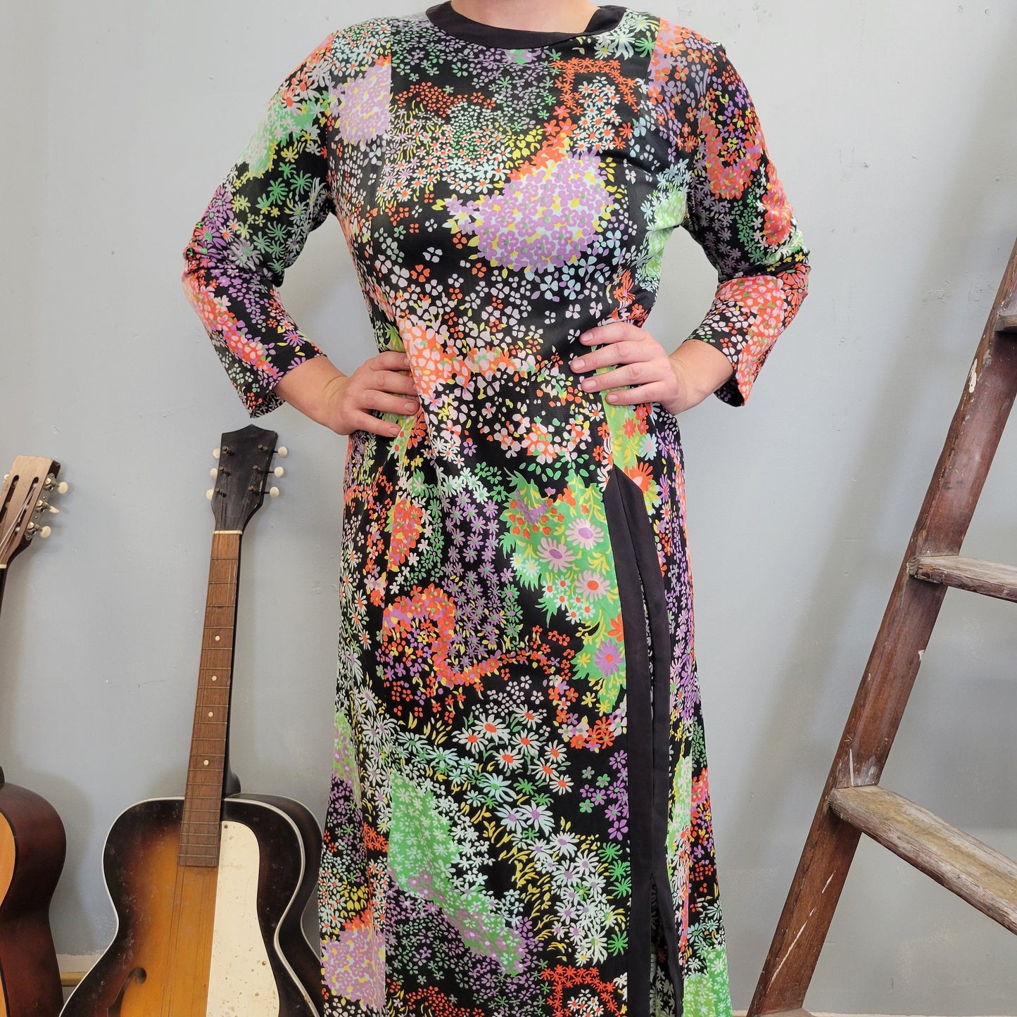 vtg 70s PSYCHEDELIC MAXI DRESS // high thigh slit flower power mod retro patchwork groovy hostess party full length bright neon funky hippie