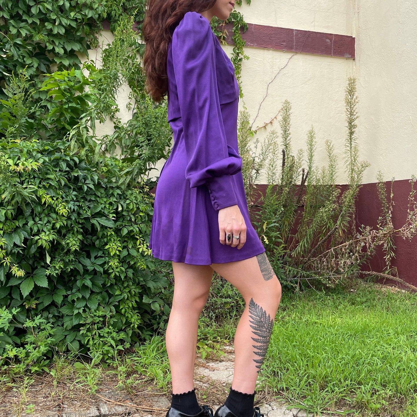 vtg 70s YOUNG INNOCENT ARPEJA Dress // stunning bright purple 2 piece bishop sleeve witchy autumn colors balloon sleeve slinky slip dress