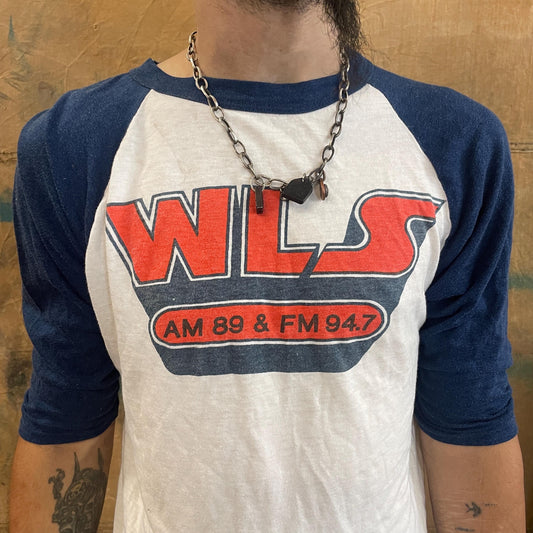 vtg 70s WLS RADIO RAGLAN tee // vintage sports college baseball rock station chicago chi town music retro concert tour punk style pub shirt
