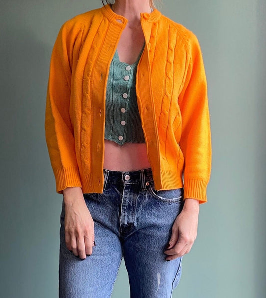 vtg 60s ORANGE CABLE KNIT Cardigan // vintage bright neon orange fuzzy sweater rockabilly kurt cobain autumn back to school teacher preppy