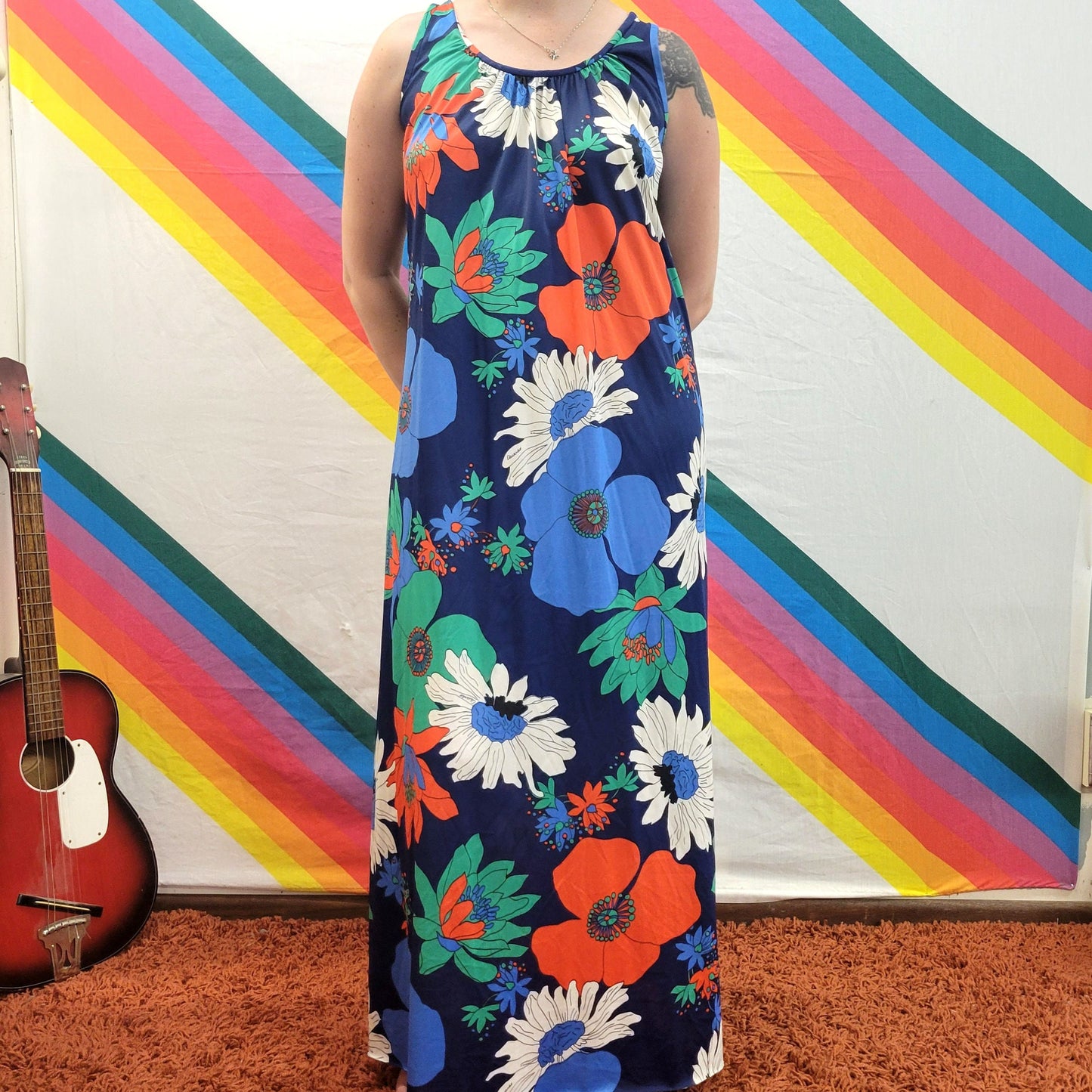 vtg 70s FLOWER POWER MAXI // bright blue floral muu muu flowy hippie hostess party gown slinky funky retro twirly wild flower tent dress