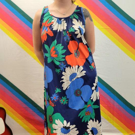 vtg 70s FLOWER POWER MAXI // bright blue floral muu muu flowy hippie hostess party gown slinky funky retro twirly wild flower tent dress