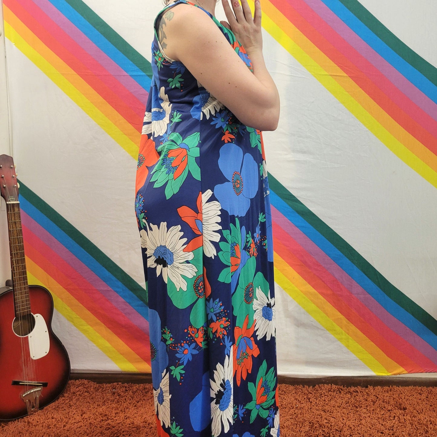 vtg 70s FLOWER POWER MAXI // bright blue floral muu muu flowy hippie hostess party gown slinky funky retro twirly wild flower tent dress