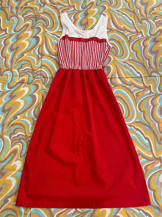vtg 70s CANDY STRIPER DRESS // summer tank dress casual red white striped cute kitschy retro fit n flare with belt loops casual secretary