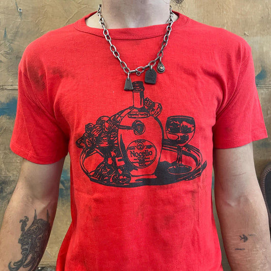 vtg 70s red NOCELLO TEE // vintage distressed liquor tshirt wine beer pub bar shots drinks femme cut style retro wear worn put dirty punk
