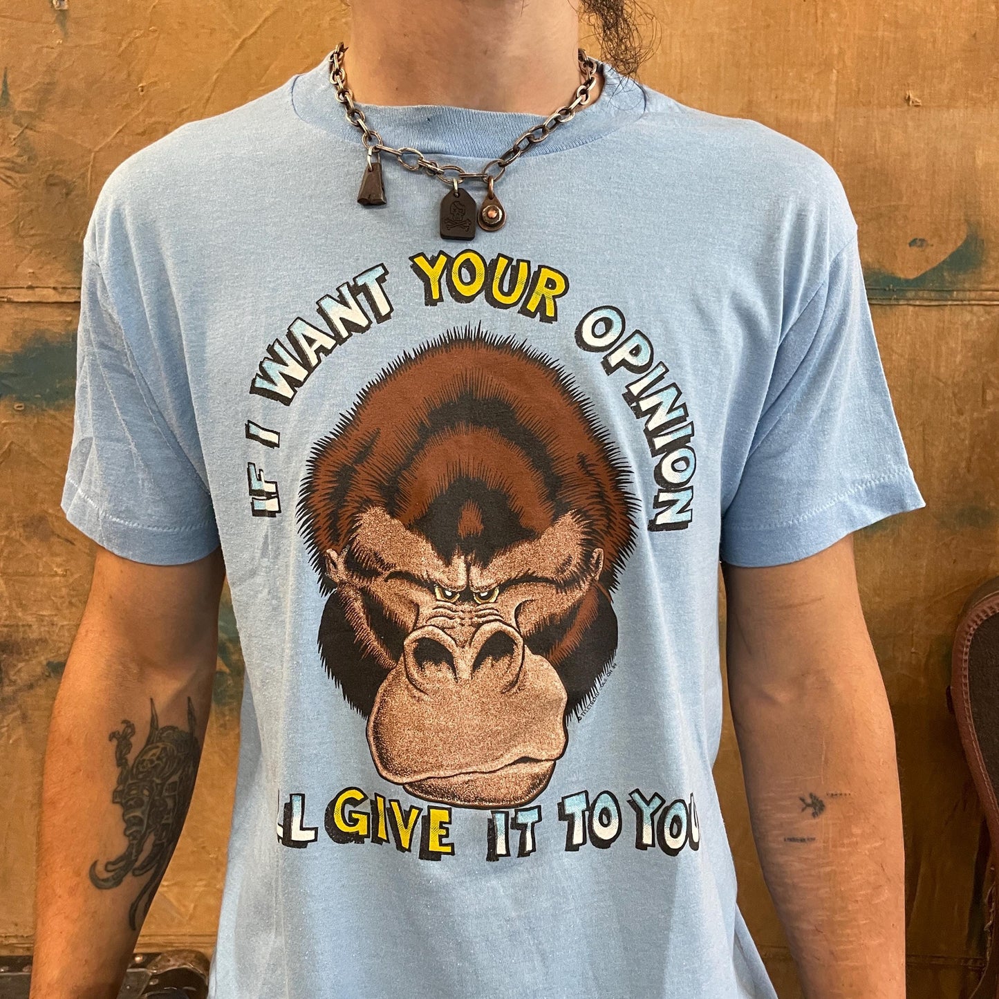 vtg 80s FUNNY GORILLA TSHIRT // vintage thin blue cartoon graphic animated monkey opinion 70s style big face animal print retro tee