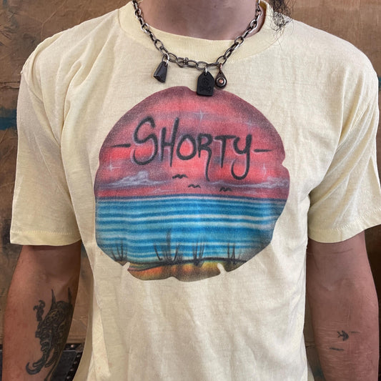 vtg 70s SHORTY BEACH AIRBRUSHED tshirt // vintage tourist trap ocean california florida shawty named true retro fashion style summer tee
