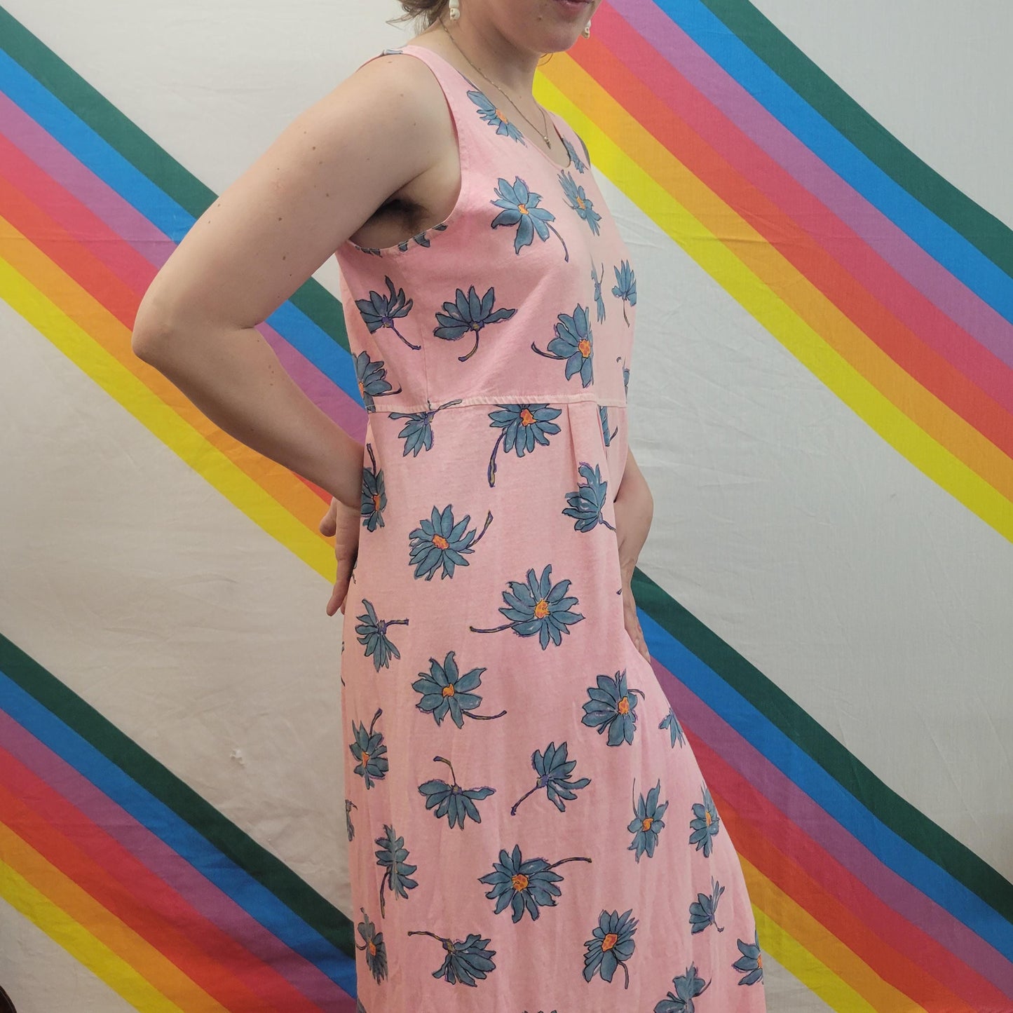 vtg 90s PINK FLORAL DRESS // fresh produce candy tones flower print pastel  lightweight summer tank dress slouchy oversized medium casual
