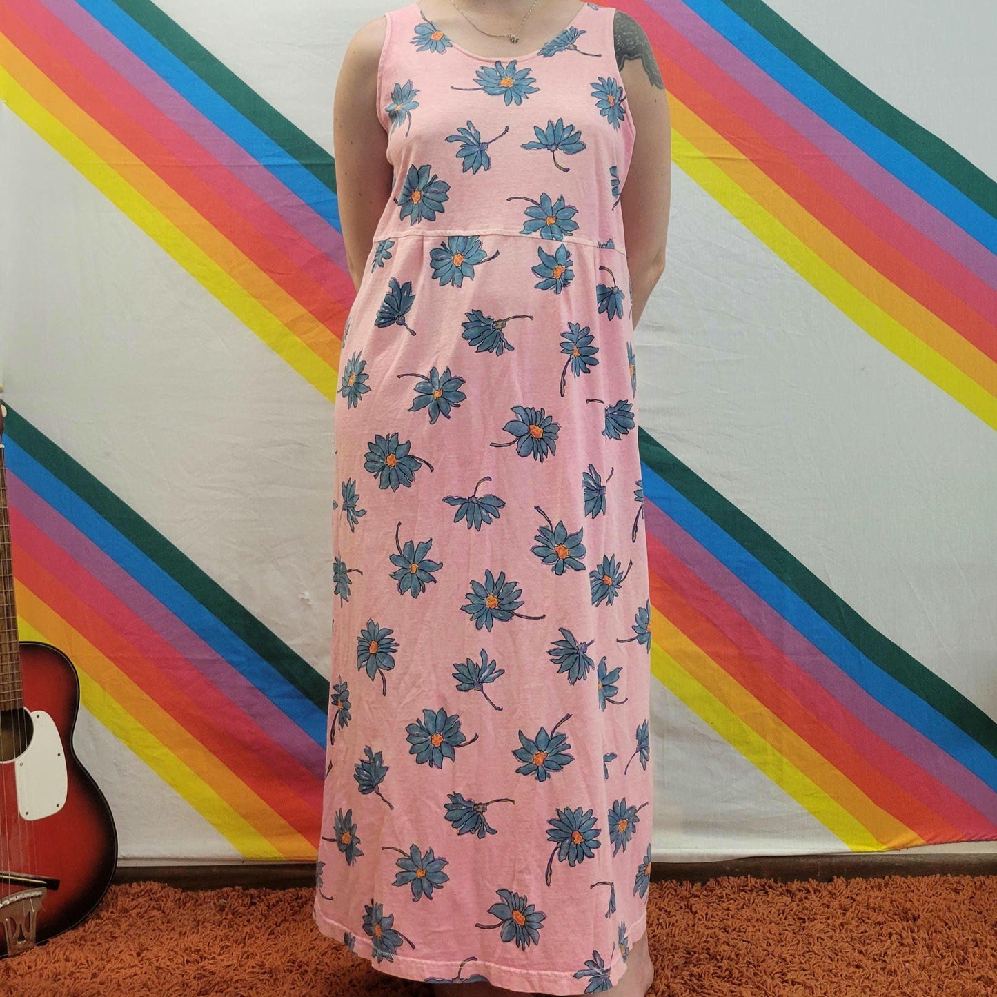 vtg 90s PINK FLORAL DRESS // fresh produce candy tones flower print pastel  lightweight summer tank dress slouchy oversized medium casual