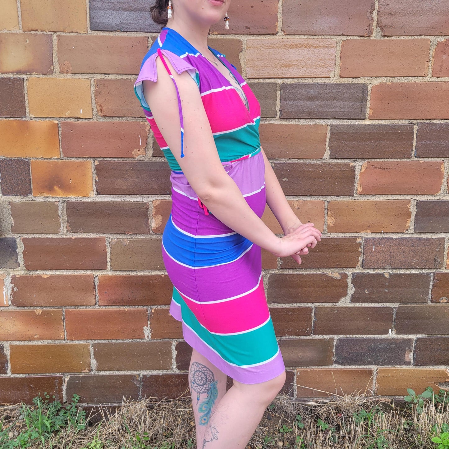 vtg 80s STRIPED COLORFUL DRESS // deep vee belted knee length neon wild psychedelic retro party summer fall roller disco barbie pink mauve