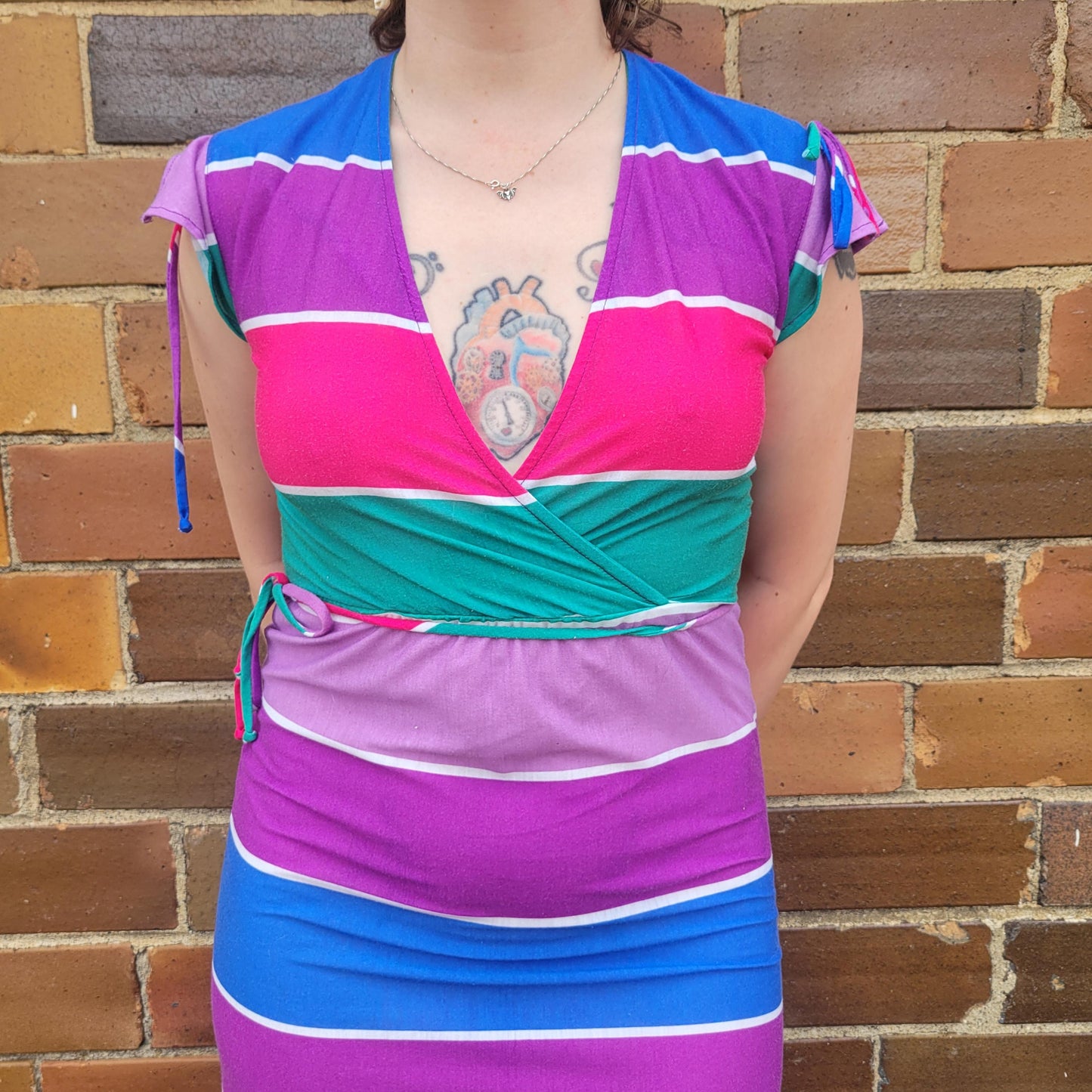 vtg 80s STRIPED COLORFUL DRESS // deep vee belted knee length neon wild psychedelic retro party summer fall roller disco barbie pink mauve