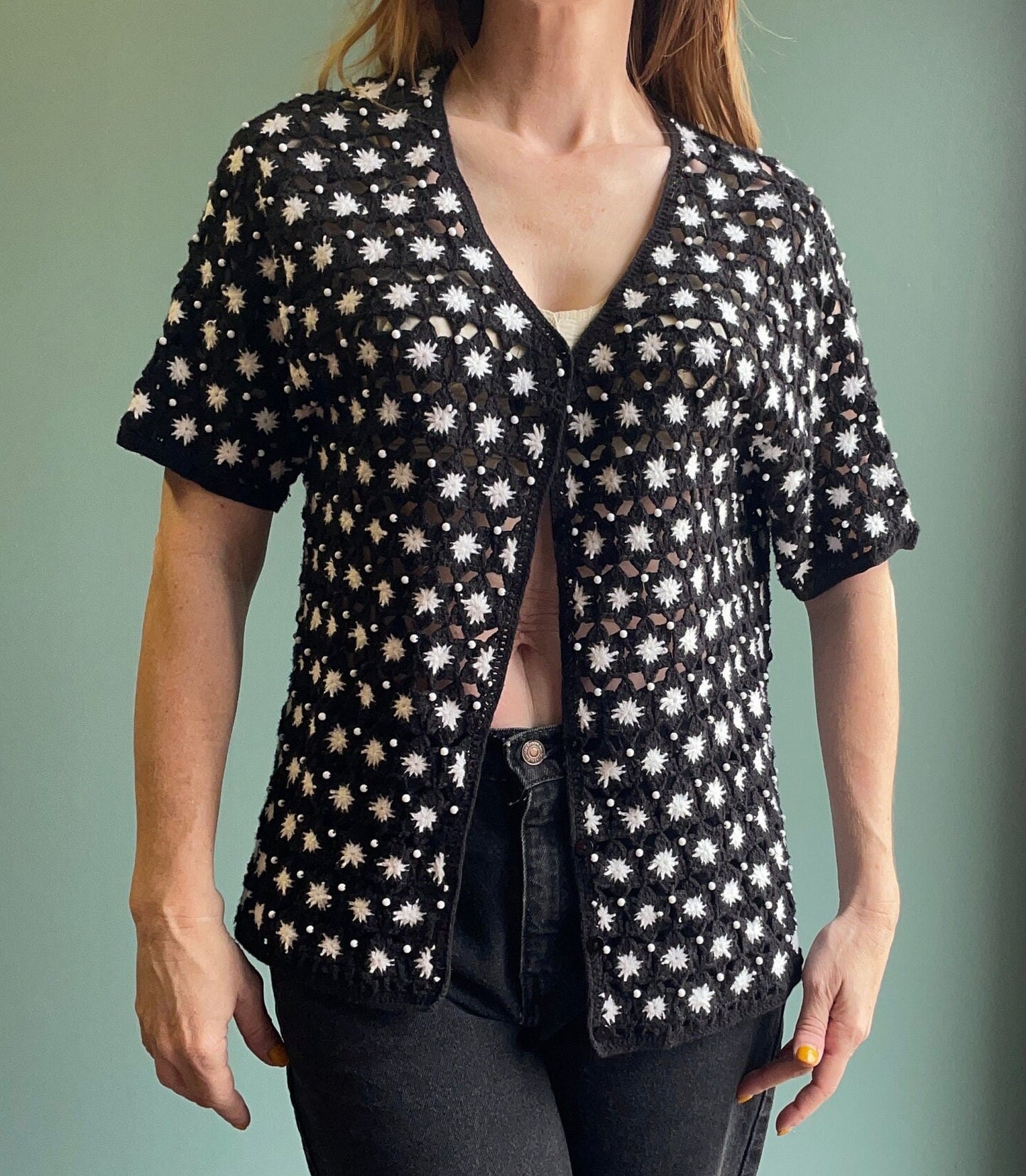 vtg 90s CROCHET light SWEATER Top // hand knit button up dainty short sleeve cardigan knit flowers sheer see through fall autumn layering