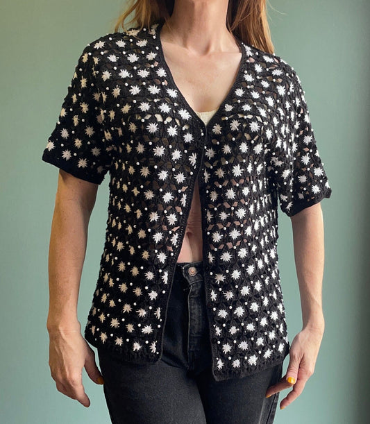 vtg 90s CROCHET light SWEATER Top // hand knit button up dainty short sleeve cardigan knit flowers sheer see through fall autumn layering