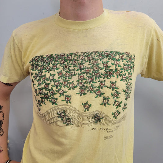 vtg 70s TURTLE TSHIRT // vintage sunshine coverups race track animal yellow canary paper thin 80s sportswear 50/50 style fashion tee