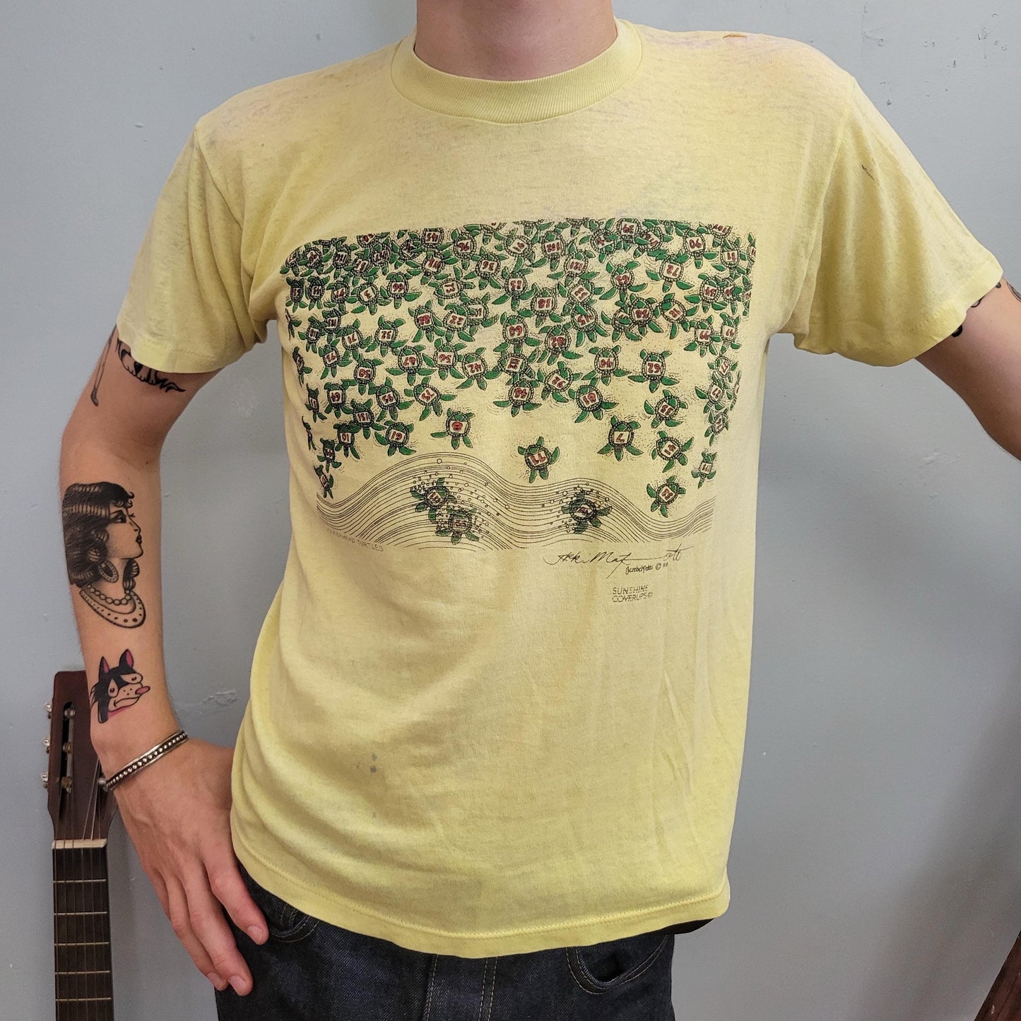 vtg 70s TURTLE TSHIRT // vintage sunshine coverups race track animal yellow canary paper thin 80s sportswear 50/50 style fashion tee