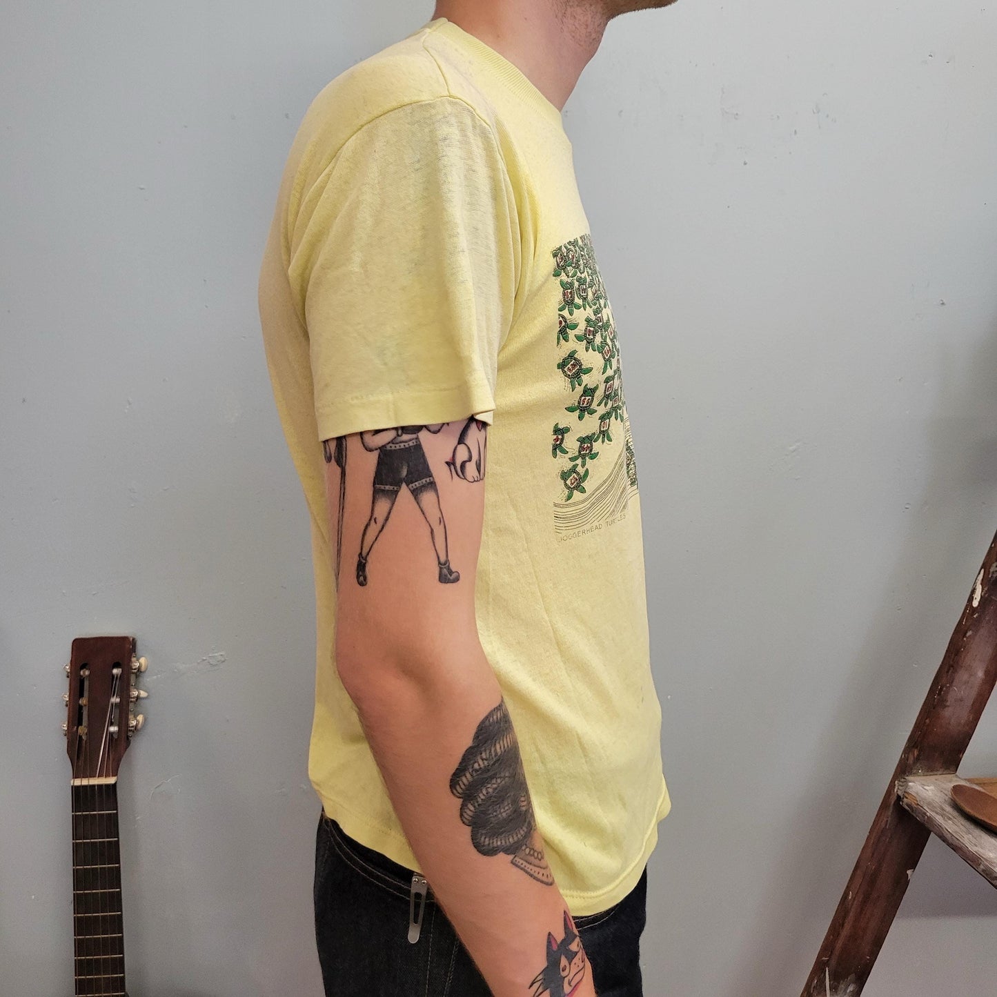 vtg 70s TURTLE TSHIRT // vintage sunshine coverups race track animal yellow canary paper thin 80s sportswear 50/50 style fashion tee