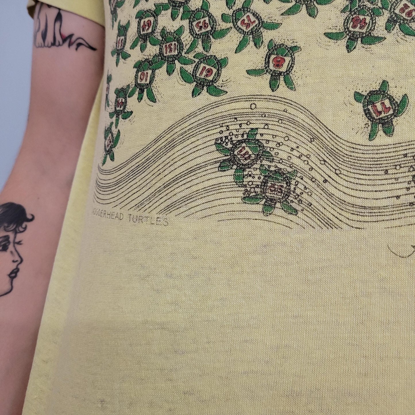 vtg 70s TURTLE TSHIRT // vintage sunshine coverups race track animal yellow canary paper thin 80s sportswear 50/50 style fashion tee