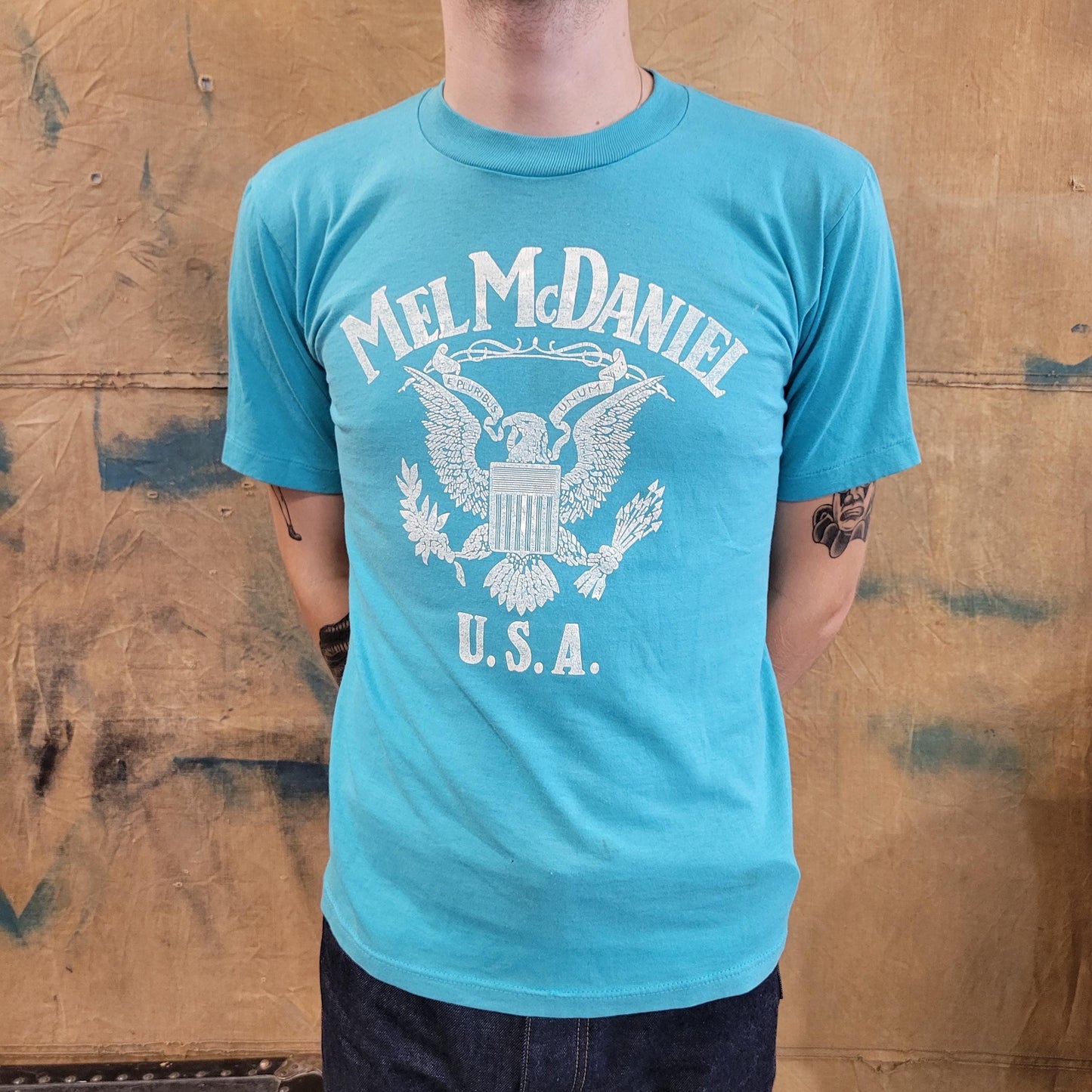vtg 80s MEL MCDANIEL USA tshirt // vintage usa eagle ocean light blue country western texas outlaw true old style thin tour concert tee