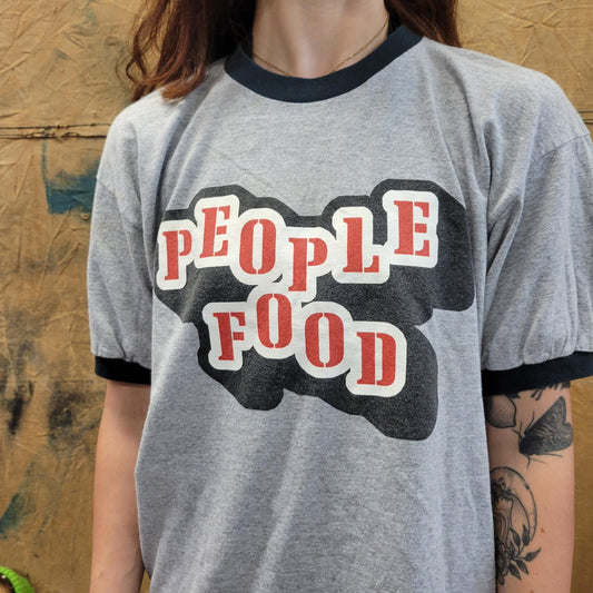 vtg 90s PEOPLE FOOD TSHIRT // vintage ringer anvil band animals campy bubble print text words phrase grey era pop punk slang funny toke