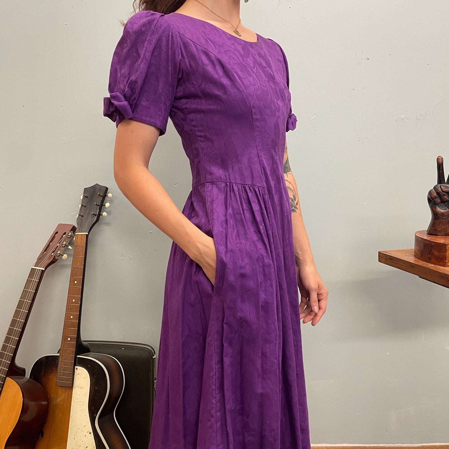 vtg 80s LANZ ORIGINALS DRESS // patterned puff sleeve poofy brocade preppy royal purple cotton button back day dress modest garden cottage