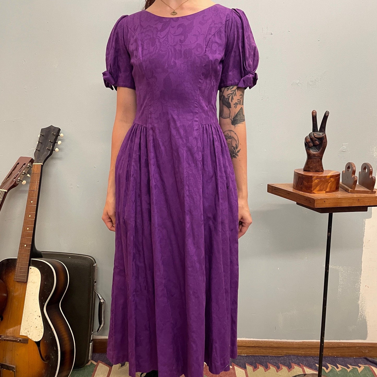 vtg 80s LANZ ORIGINALS DRESS // patterned puff sleeve poofy brocade preppy royal purple cotton button back day dress modest garden cottage