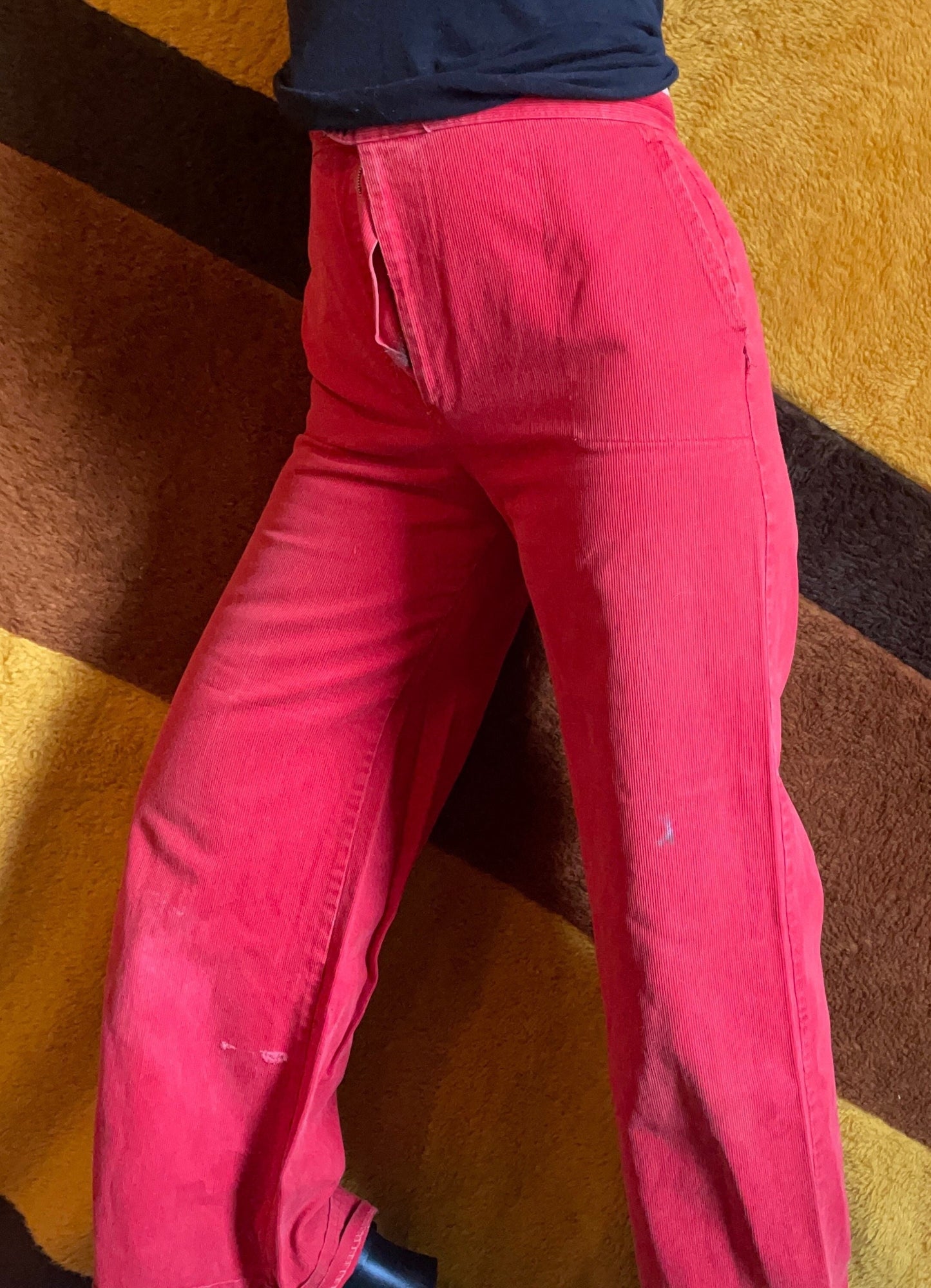 vtg 70s RED CORDUROY FLARES // wide leg pants high waisted bellbottom trousers preppy hippie *as is *needs zipper on track cute casual boho