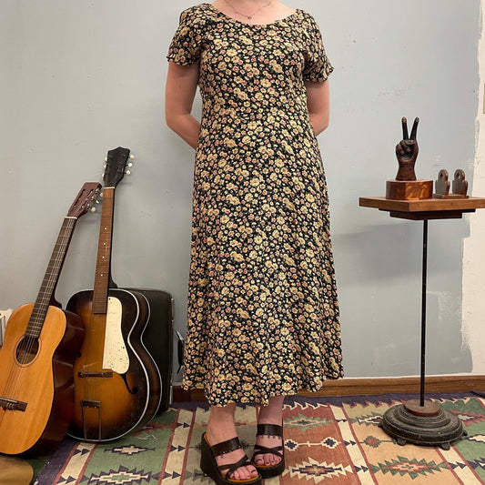 vtg 90s FLORAL RAYON DRESS // neutral colors gold full length flowy slinky scoop neck doc martens preppy cottage casual day garden coastal