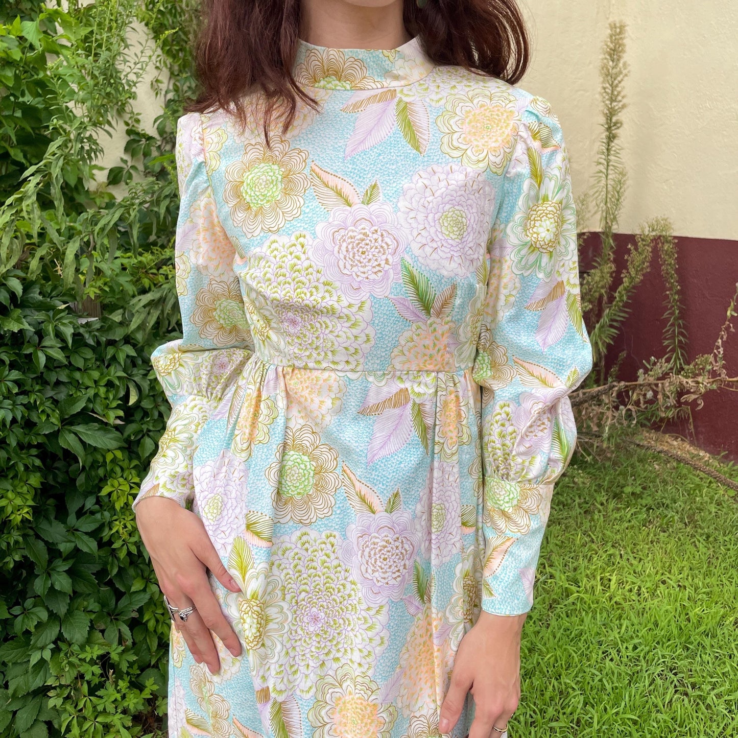 vtg 70s PASTEL FLORAL DRESS // bishop sleeve bright flower power maxi prairie boho bohemian juliet ethereal hippie movie prop dressing gown