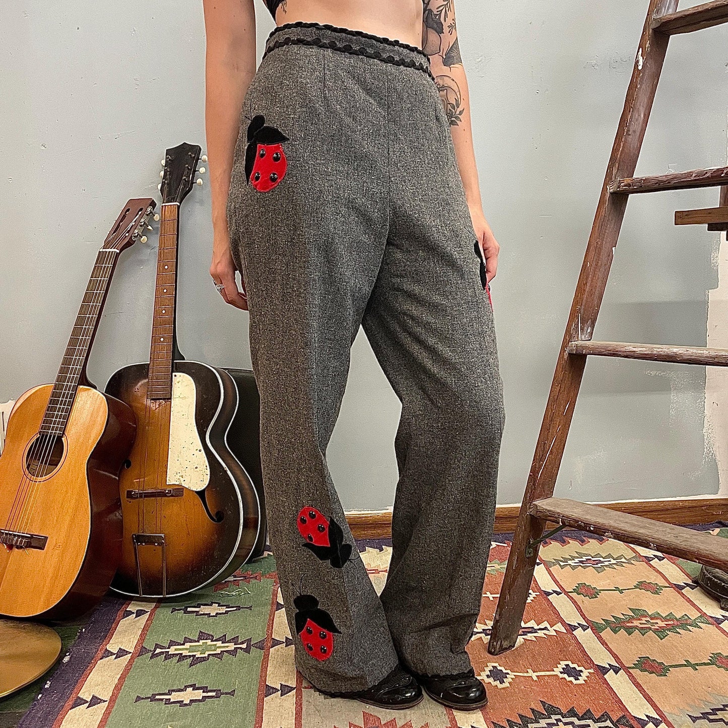vtg 60s LADYBUG PANTS // bug patches St. Louis grey wool ric rac trousers high waisted flare pants dressy unique mod patchwork twee hippie