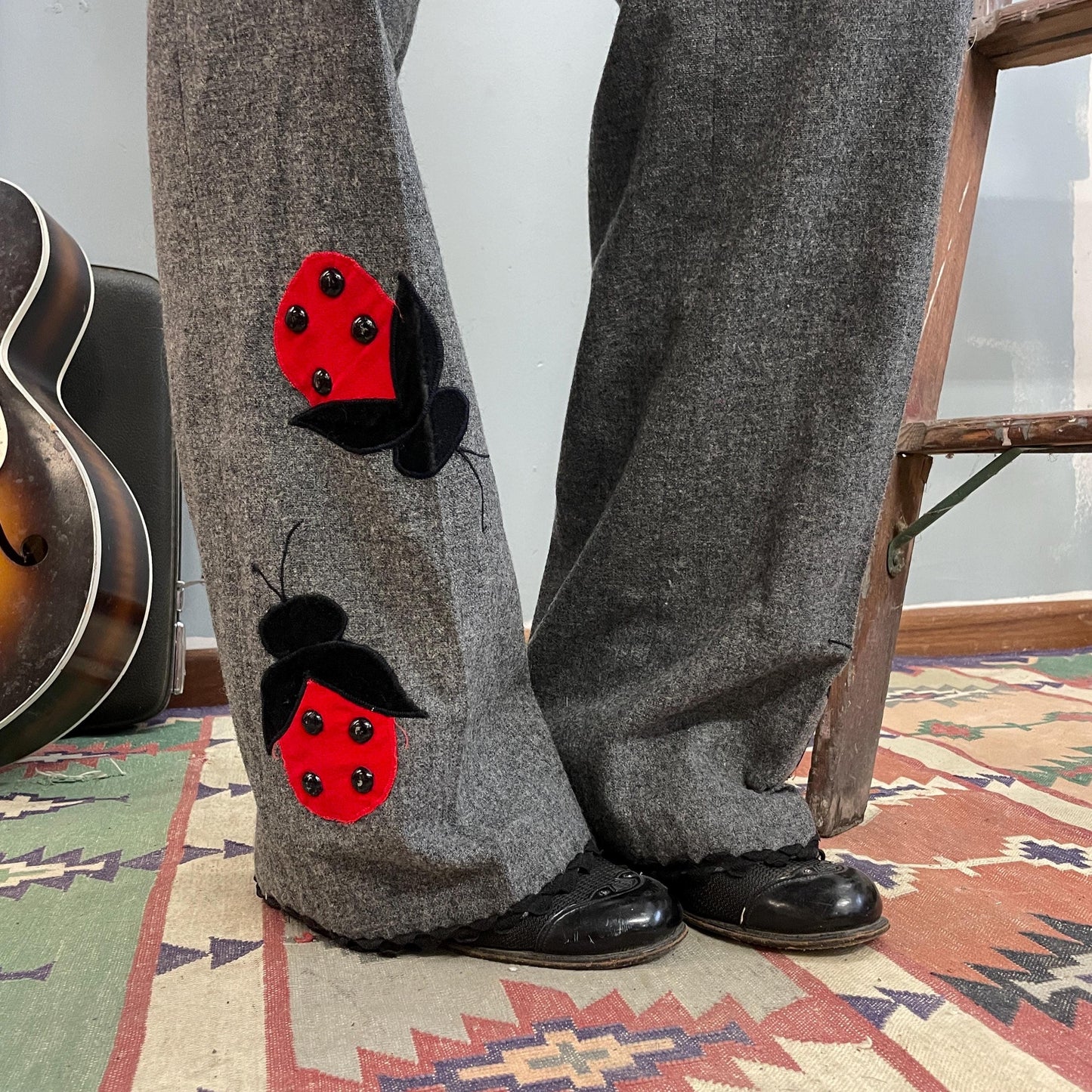vtg 60s LADYBUG PANTS // bug patches St. Louis grey wool ric rac trousers high waisted flare pants dressy unique mod patchwork twee hippie