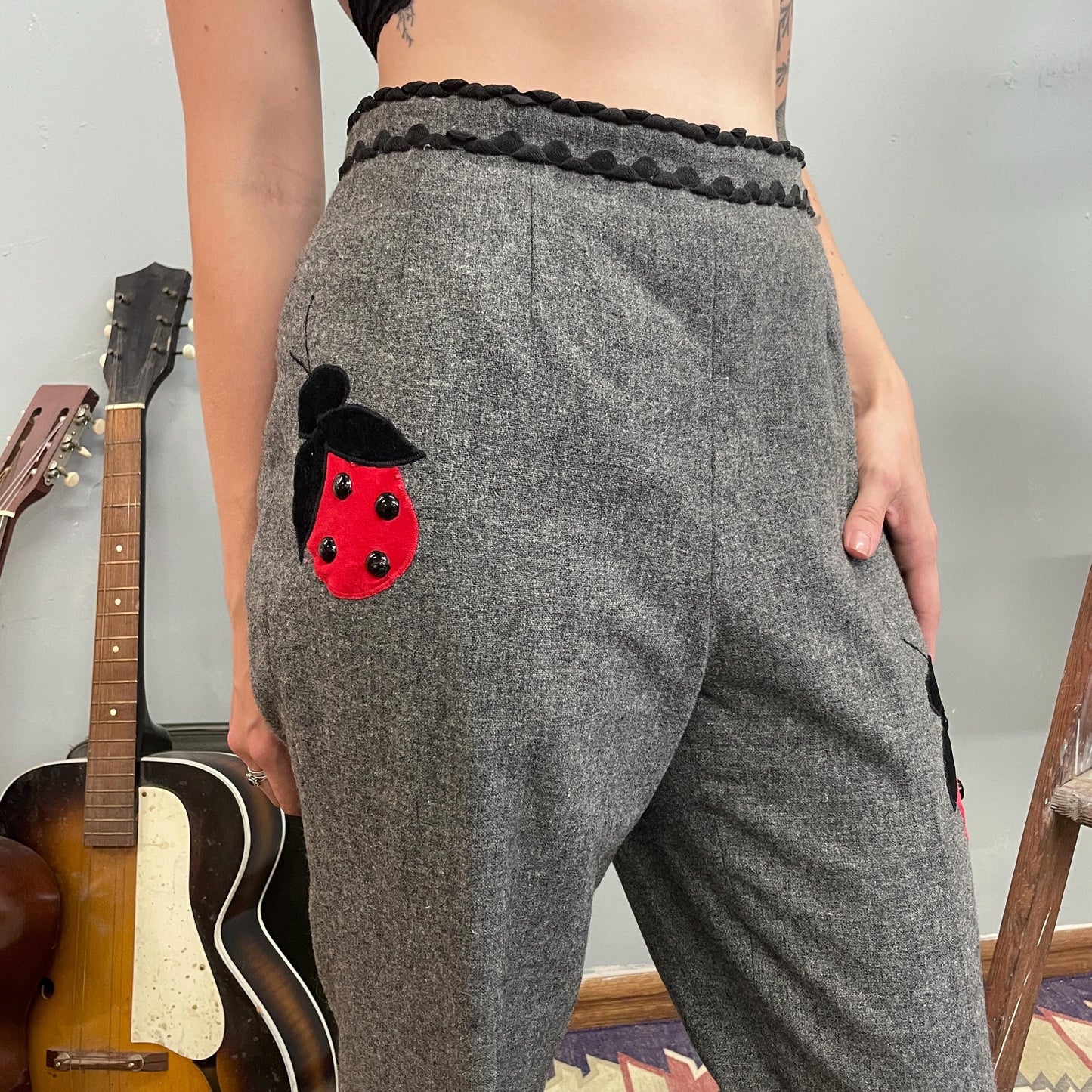 vtg 60s LADYBUG PANTS // bug patches St. Louis grey wool ric rac trousers high waisted flare pants dressy unique mod patchwork twee hippie