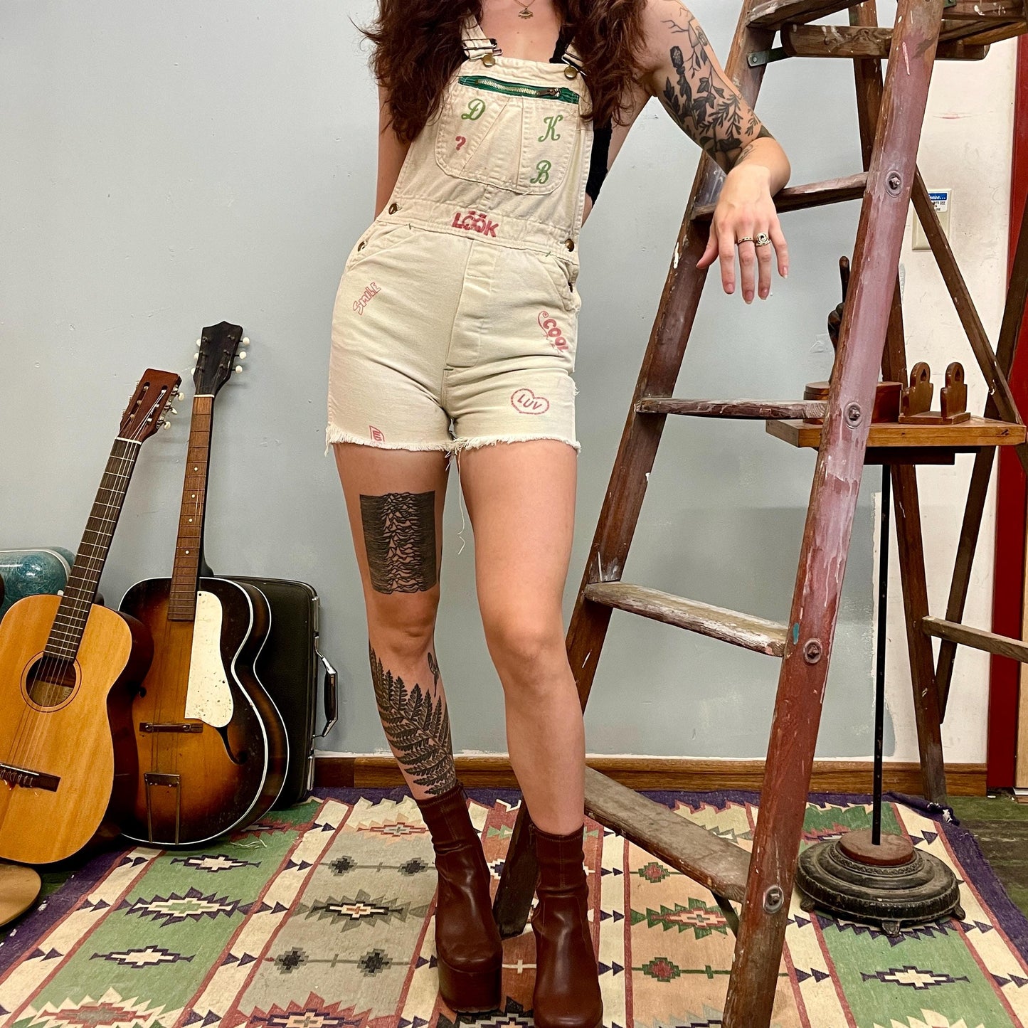 vtg 60s SENIOR STYLE OVERALLS  // coveralls autograph signature dungaroos diy stamped hand painted hot pants white petite personalized cords